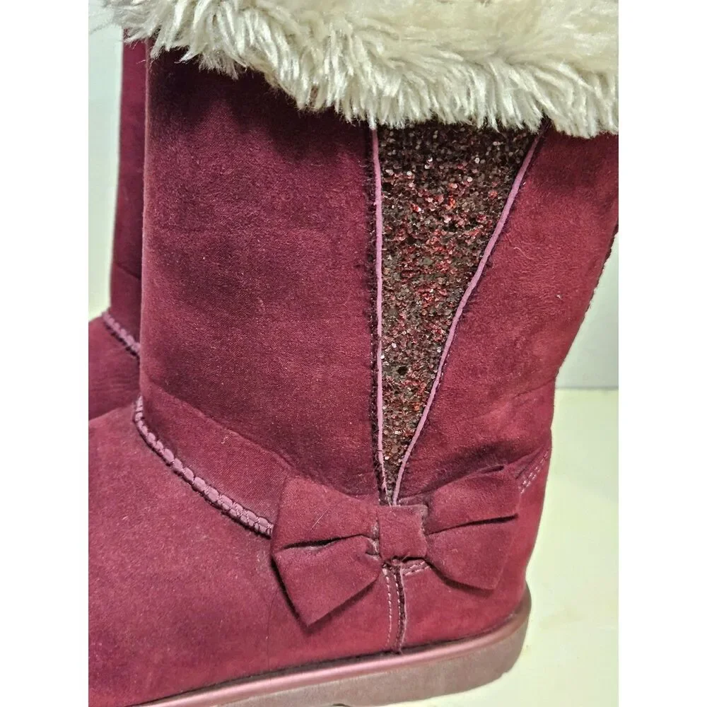 SO Sophia Burgundy Faux Fur Girls Winter Boots Side Bow Toddler Kid Size 2